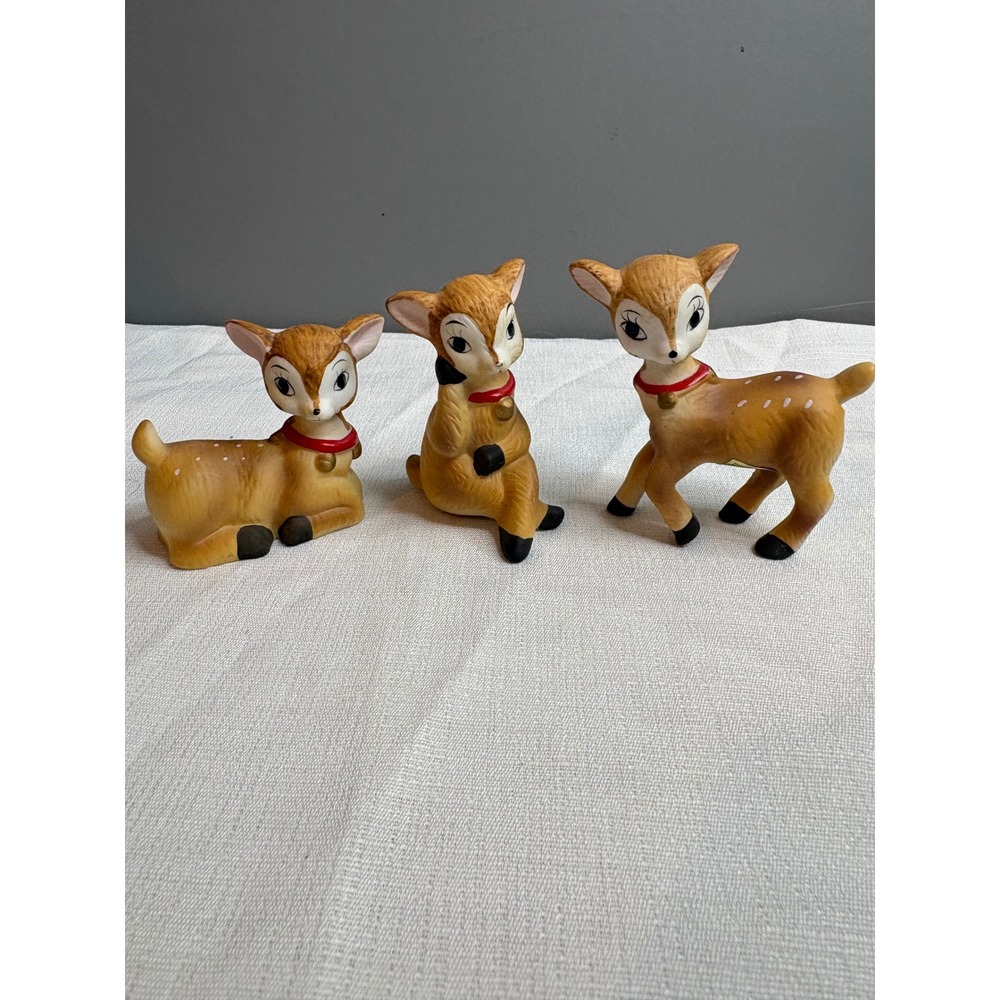 Vintage Ceramic Deer Figurines Set of 3 Mid Century Fawn Christmas Decor Brown